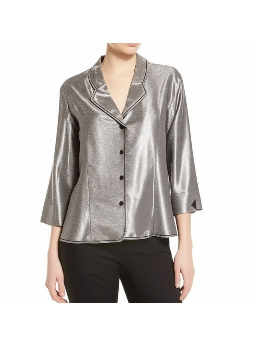 Vintage Ardoise Montreal metallic silver print satin 3/4 sleeve blouse 15-16